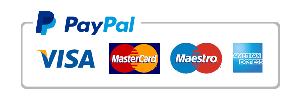 La imagen muestra logotipos de métodos de pago como PayPal, VISA, MasterCard, Maestro y American Express sobre un fondo negro, indicando opciones seguras para transacciones en línea.